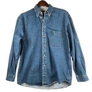 Pure & Simple Mens Medium Denim Button Down Shirt Long Sleeve Blue Casual Cotton